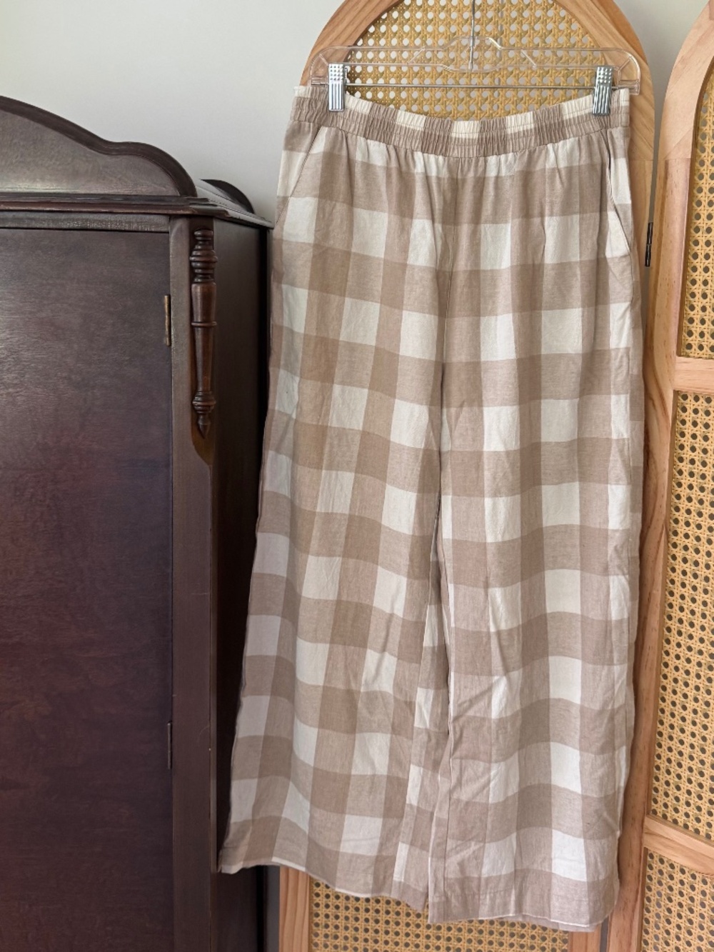 Wide Leg Cotton Blend Pants in Beige Gingham